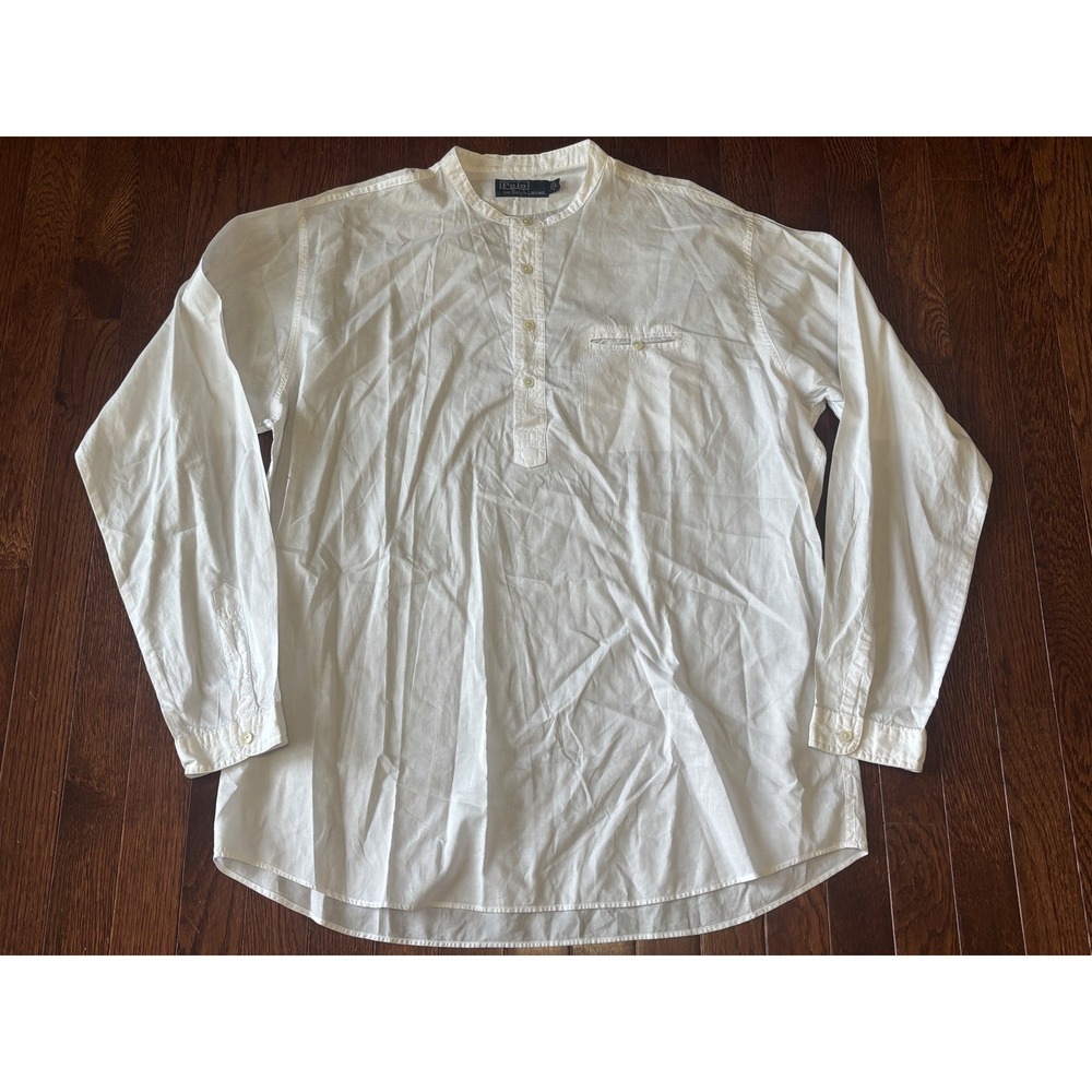 Polo Ralph Lauren Shirt Mens Large White Band Collar Pullover Long Sleeve Cotton